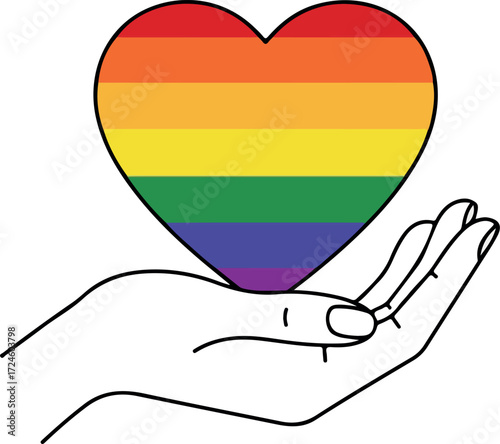 Hand holding a rainbow heart symbol of love and support for the LGBTQ community.