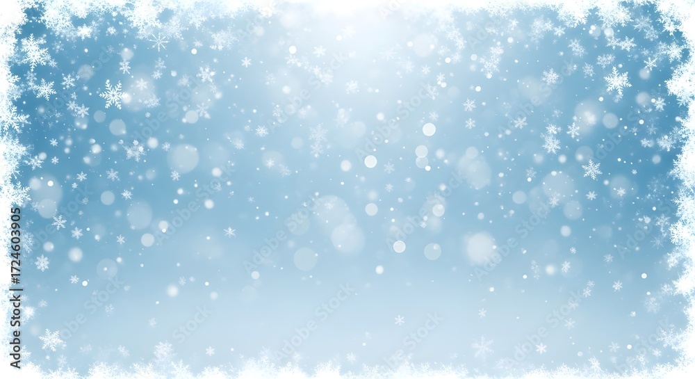 Fototapeta premium Abstract holiday background with blue Christmas snowflakes, lights, and a new year's cold winter sky