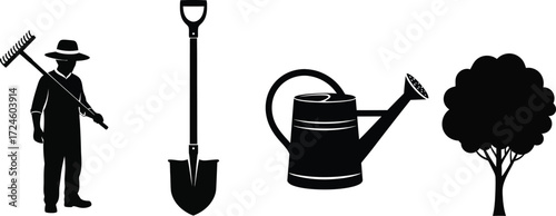 Gardener with tools, shovel, watering can, and tree icons for landscaping