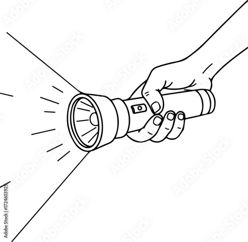 Hand holding flashlight illuminating a beam of light in darkness.