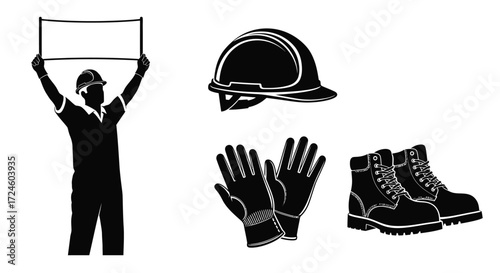 Worker displays message board, safety helmet, gloves, and boots icons.