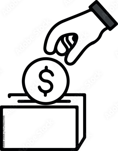 Hand placing coin into donation box for charity and giving 1.