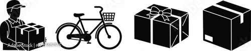 Delivery service icons: courier, bike, and gift packages