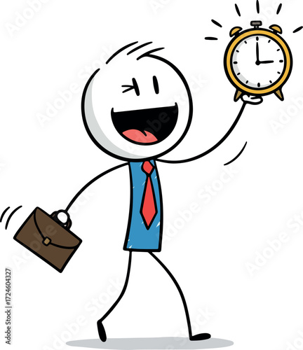 Happy businessman holding a briefcase and a clock showing the time.