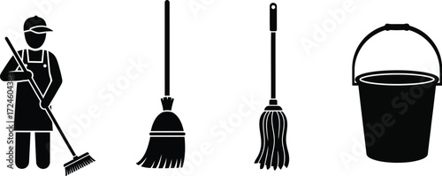 Cleaning professional with broom, mop, and bucket for house maintenance