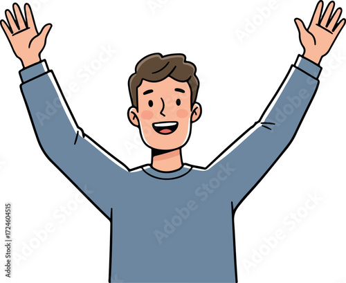 Happy man with arms raised in the air celebrating success and joy.