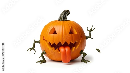 Mini pumpkin monster with funny tongue, isolated on a white background for Halloween