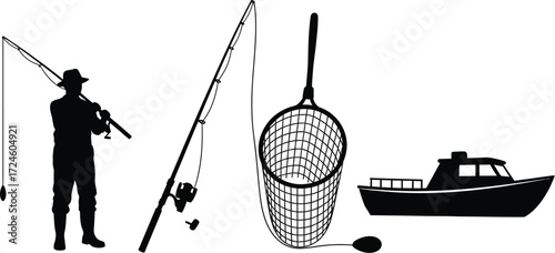 Silhouette fisherman with rod, net and boat ready for fishing adventure