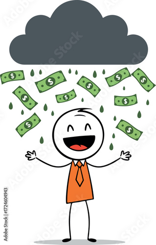 Happy person enjoying money raining from a dark cloud financial success.