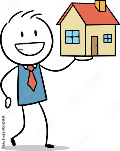 Happy person holding a house representing real estate and property ownership.
