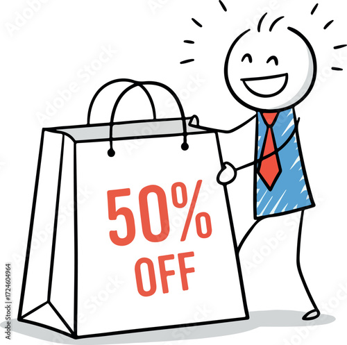 Happy person holding a shopping bag with a fifty percent off discount offer.