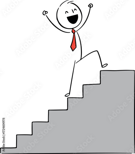 Happy stick figure celebrating success climbing stairs to achieve goals.