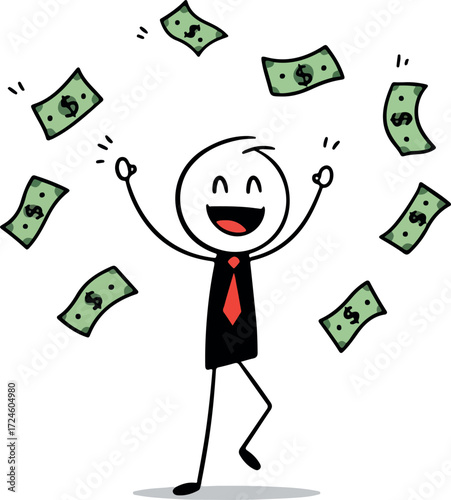 Happy stick figure celebrating wealth with money raining down.