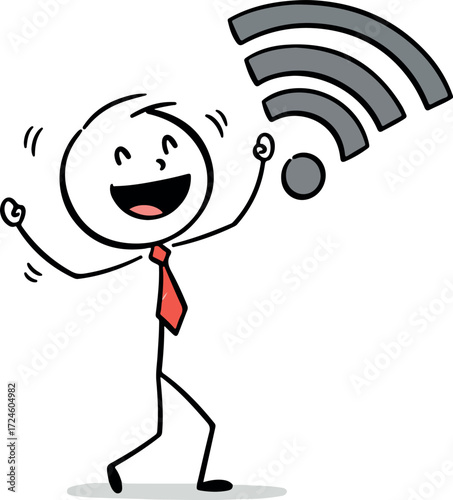Happy stick figure celebrating wireless internet connection with joy and excitement.