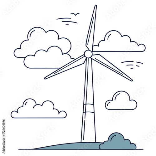 A minimalist line art illustration of a wind turbine generating clean renewable energy against a backdrop of clouds and birds