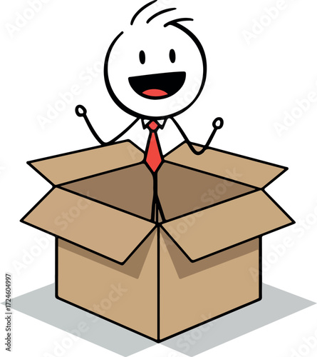 Happy stick figure in a cardboard box with a red tie.