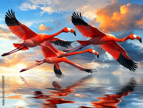 Flamingos in Flight at Sunset.