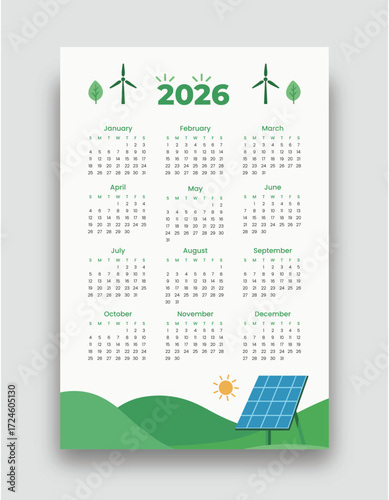 2026 Calendar Template, Sustainable Energy Design, Eco-Friendly Green Annual Monthly Planner with Solar and Wind Power Vector