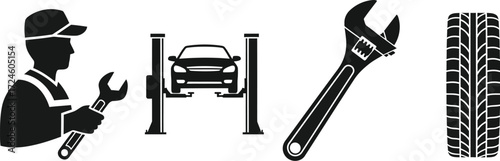 Professional auto repair icons mechanic car wrench tire service graphic