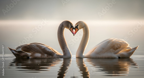 Two swans forming a heart shape with their necks in a calm lake, captured at sunset, symbolizing love and affection
