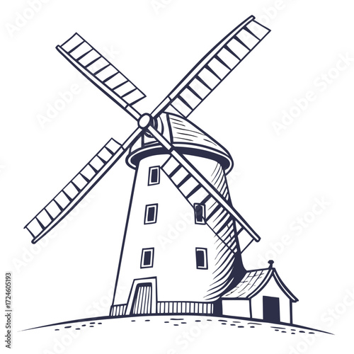 Classic european style windmill with four large blades and a small attached building on a grassy hill in a simple line drawing style
