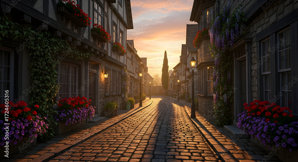 Fototapeta premium A narrow street in an old European village with warm sunset light illuminating charming buildings and flower boxes