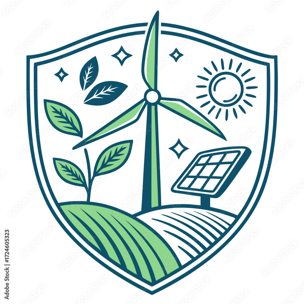Naklejka premium Shield emblem showcasing renewable energy sources including a wind turbine solar panel and growing plants with sun