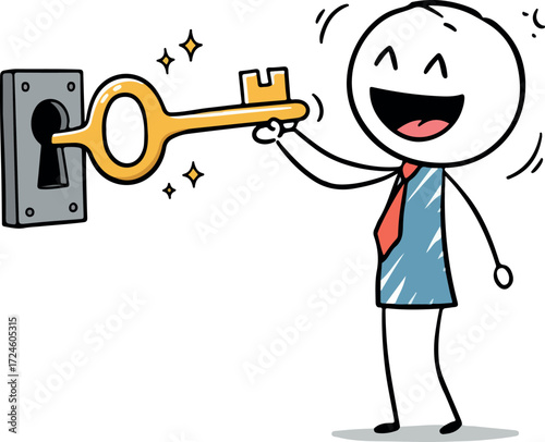 Happy stick figure unlocks door with golden key achieving success and victory.