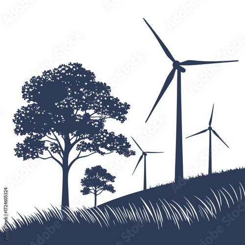 Silhouette of wind turbines and trees on a grassy hill creating a serene landscape for renewable energy generation