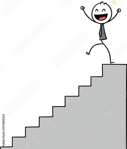 Happy stick figure person celebrates success after climbing stairs.