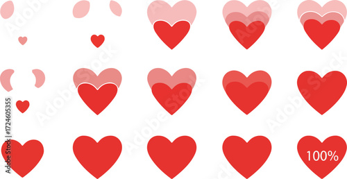 Heart progression showing different stages of filling and completion with percentage.