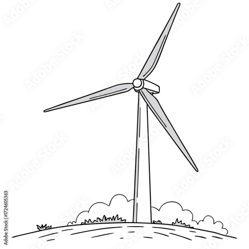 Simple hand drawn illustration of a wind turbine standing tall on a grassy hill with fluffy clouds in the background