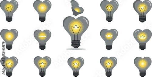 Heart shaped light bulbs glowing brightly representing ideas and concepts.