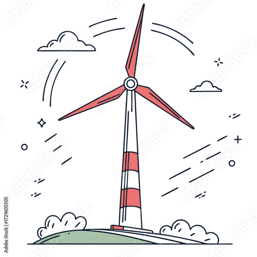 Stylized illustration of a red and white wind turbine generating clean energy on a green hill with clouds and abstract wind elements