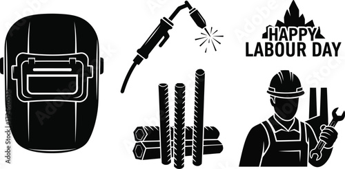 Celebrate Labor Day with welding gear, tools, and worker imagery