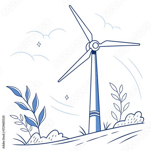 Stylized illustration of a single wind turbine generating clean renewable energy in a natural landscape with clouds and plants
