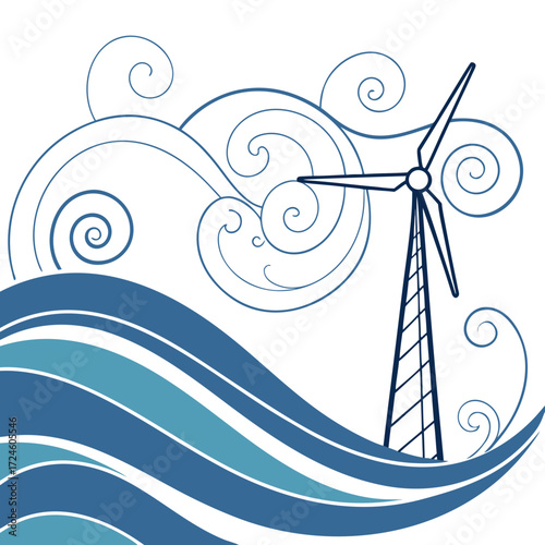 Stylized illustration of a wind turbine generating clean energy amidst swirling waves and wind currents