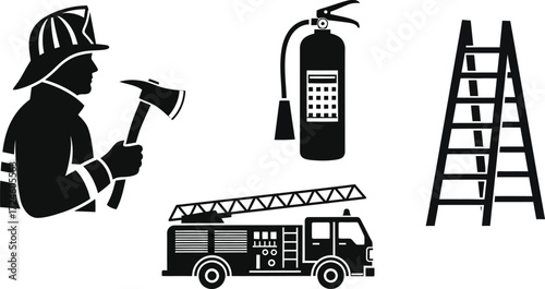 Firefighter hero, truck, axe, extinguisher, and ladder icons for safety