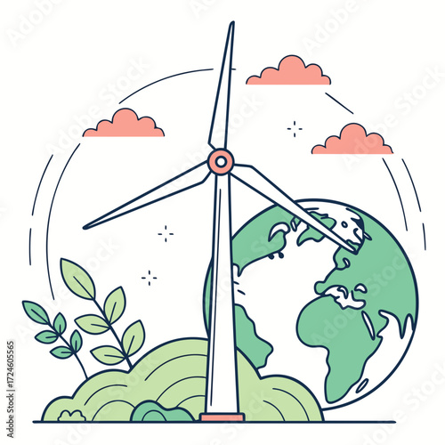 Stylized illustration of a wind turbine generating clean energy for the planet with green hills and clouds