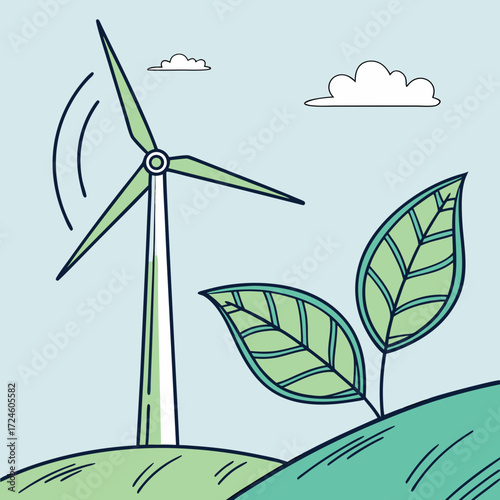 Stylized illustration of a wind turbine generating clean energy on a green hill with sprouting leaves and clouds