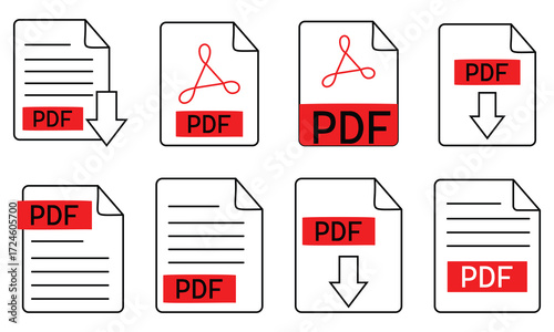 PDF file format icons set. PDF file download symbols. Format for texts, images, vector images, videos, interactive forms - stock vector