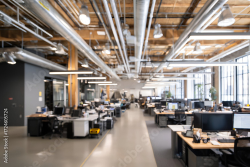 Blurred Open Office Interior with Gray Desks and Natural Light, motion blur Business concept, motion bokeh background