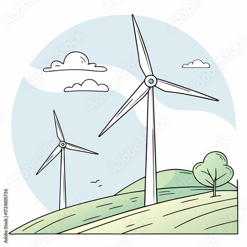 Stylized illustration of two wind turbines on rolling green hills under a cloudy sky representing renewable energy generation