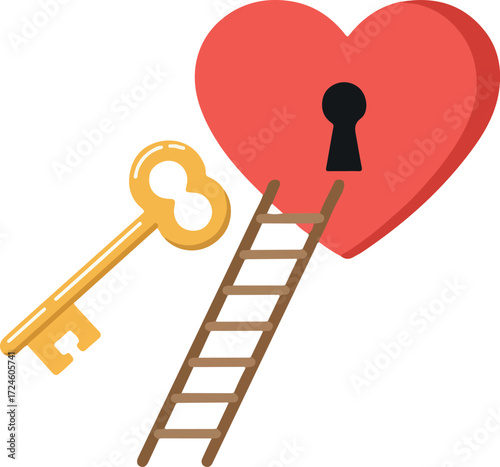 Heart with key and ladder symbolizes love and access unlocking feelings.