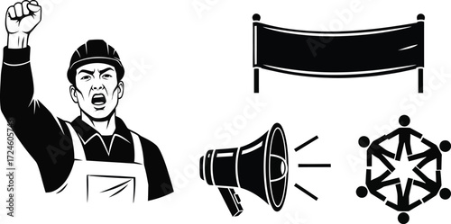 Protesting worker with raised fist, megaphone, banner, and unity symbol