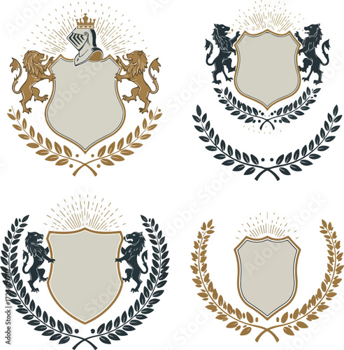 Heraldic emblems featuring shields lions and laurel wreaths in a classic design.
