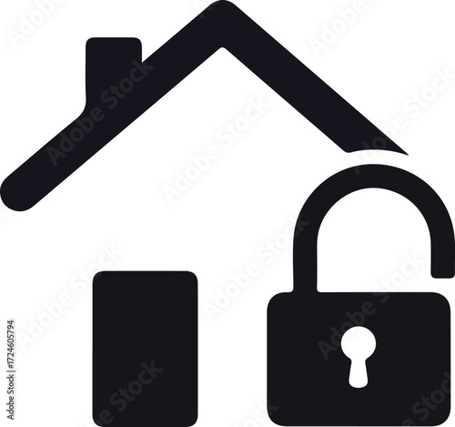 Home security concept with house and unlocked padlock symbol.