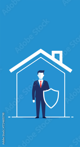 Home insurance agent protecting house and client with shield for security.