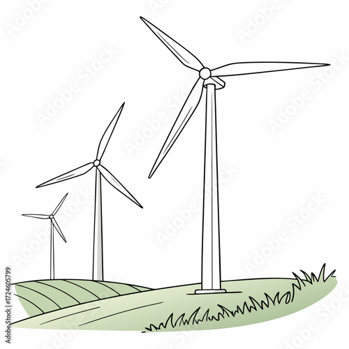 Stylized illustration of three wind turbines standing on rolling green hills under a white sky