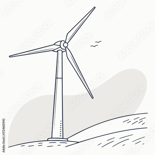 Stylized line drawing of a single wind turbine standing tall on rolling hills under a clear sky with two birds flying